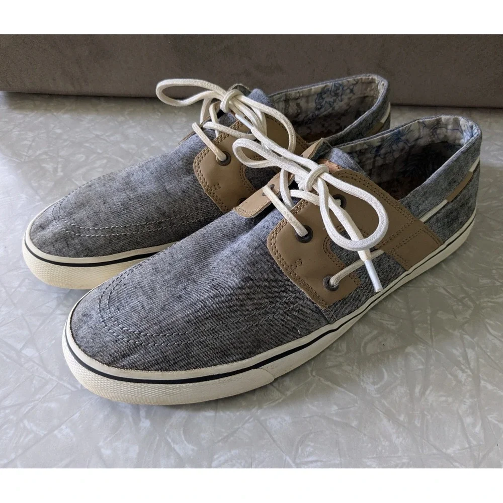 Tommy Bahama Mens Blue Grey Canvas‎ Boat Shoes Loafers Size 11.5D Cork Footbed